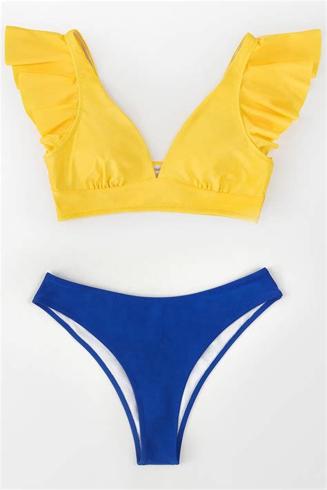 Yellow Ruffled V Neck Bikini Top