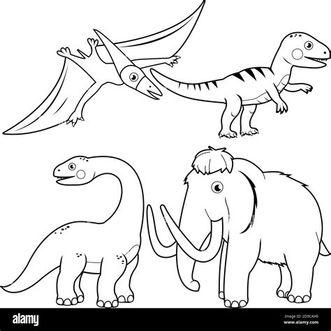 Colección De Ilustraciones De Dinosaurios Página De Coloreado Vectorial En Blanco Y Negro