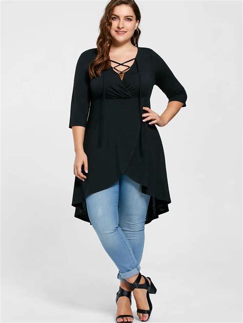 Wipalo Plus Size 5xl Lace Up High Low Hem Overlap Top V Neck Women Three Quarter Sleeve