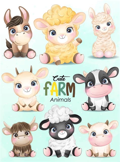 Cute Farm Animals Clipart With Watercolor Illustration