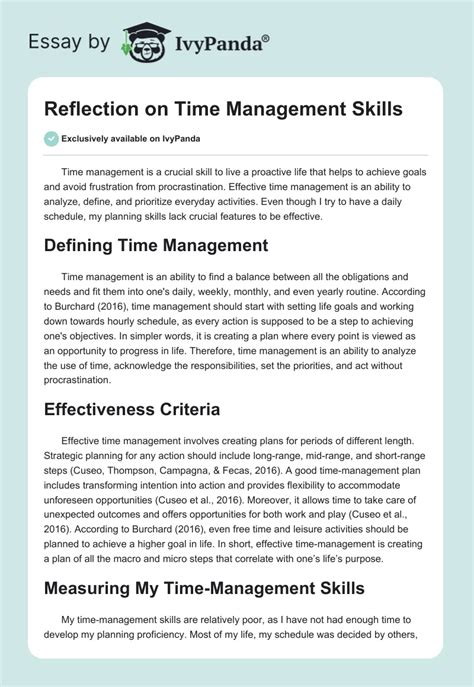 Reflection On Time Management Skills 667 Words Essay Example