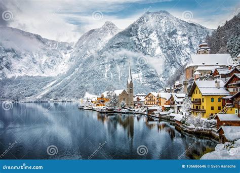 The Snow Covered Village Of Hallstatt In The Austrian Alps Stock Photo