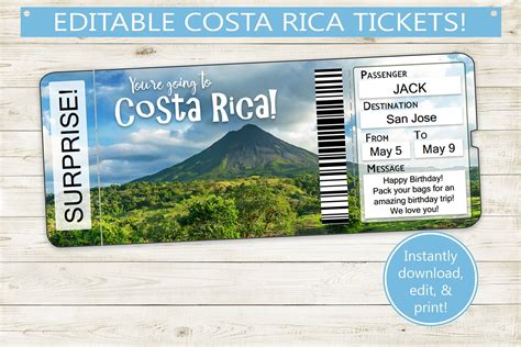 Custom Tickets To Costa Rica Printable Adobe Editable Pdf Vacation Reveal Trip Surprise