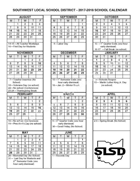 2017 2018 District Calendar Southwest Local School District