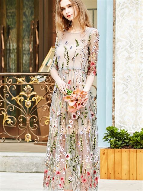 Floral Maxi Dress Embroidered Tulle Round Neck Long Dress Gorgeous