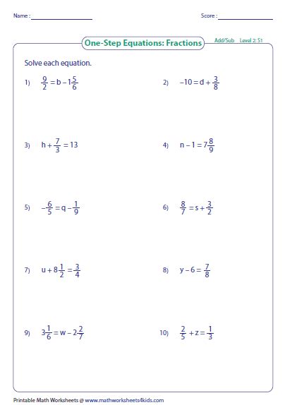 Solving One Step Equations Mixed Numbers Addition And Subtraction Worksheet