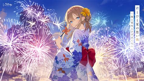 Wallpaper Anime Girl Yukata Fireworks Festival View From Behind
