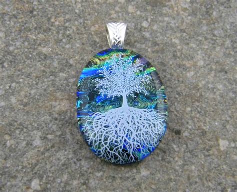 Fused Glass Pendant Rainbow Dichroic With White Tree Of Life Decal Elegant Fused Glass By Karen