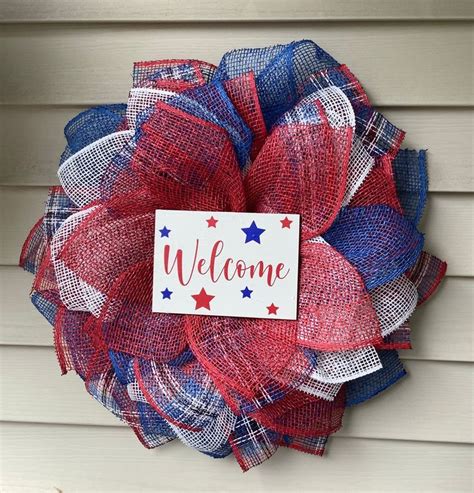 Red White Blue Welcome Wreath For Front Door Patriotic Etsy Flower