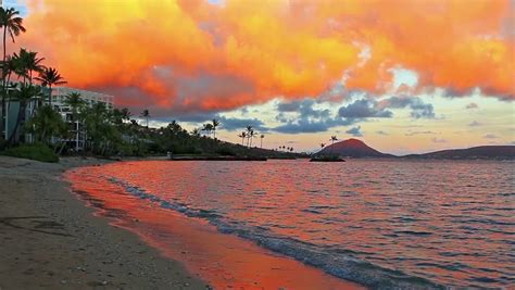 Hawaii Sunrise Sunset Over Ocean And Palm Trees On Oahu