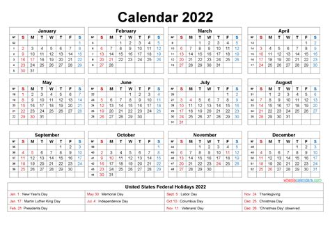 Free Yearly 2022 Calendar With Holidays Word Pdf