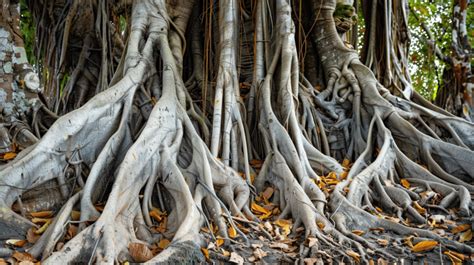 Banyan Tree Roots With Dry Leaves Background Aerial Ancient Asia