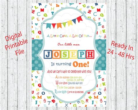 Abc Alphabet Themed Party Invitation Personalized Printable Etsy
