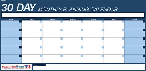 30 Day Monthly Planning Calendar 40x20 Horizontal Blue — State And