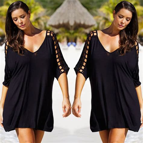 XL Plus Size Beach Coverup Hollow Black Gray Bikini Mini Dress Robe Sexy Saida De Praia