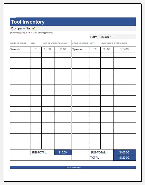 Printable Tool Inventory Template For Excel Excel Templates