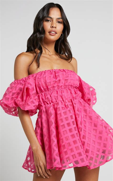 Paloma Mini Dress Off Shoulder Puff Sleeve Textured Net Dress In Hot Pink Showpo Usa Net