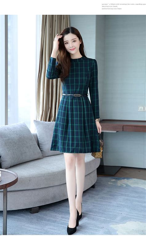Korean Elegant Plaid Long Sleeved Green Midi Dress Korean Fashion