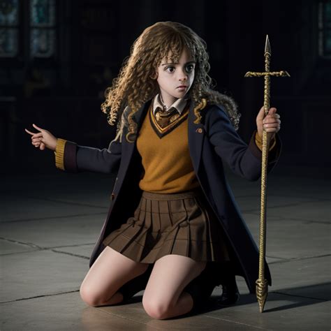 Photo Converter Hermione Granger In A Skirt Kneeling Showing Her
