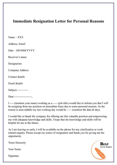 Immediate Resignation Letter With Personal Reason Sample Resignation