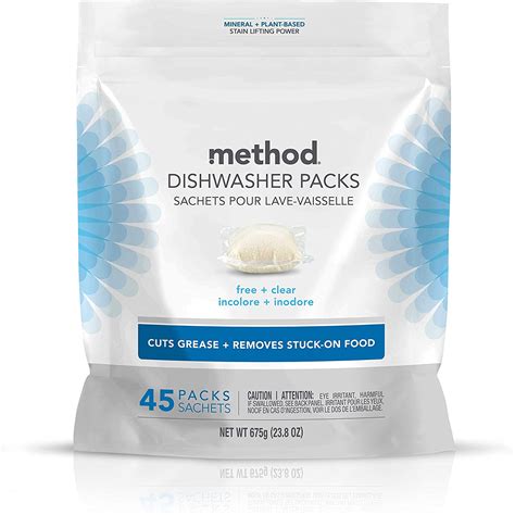 Companies use these problematic additives because they're not acidic like most natural rinse aids. Method Natural Dishwasher Soap Packs, 45 Count