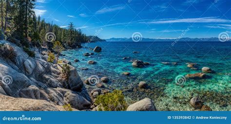 Deep Blue And Turquoise Water At Lake Tahoe Panorama Stock Photo