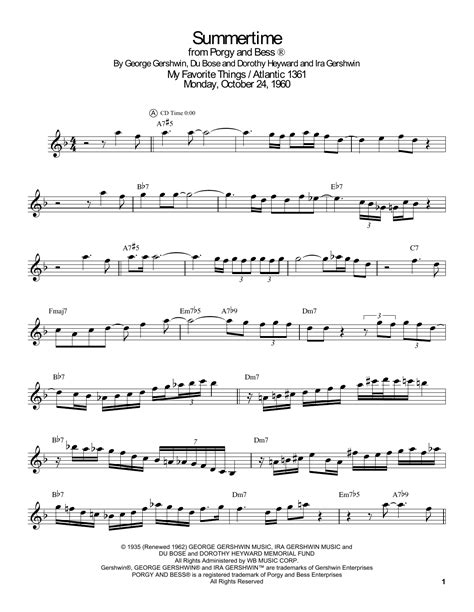 Summertime Tenor Sax Transcription Print Sheet Music Now