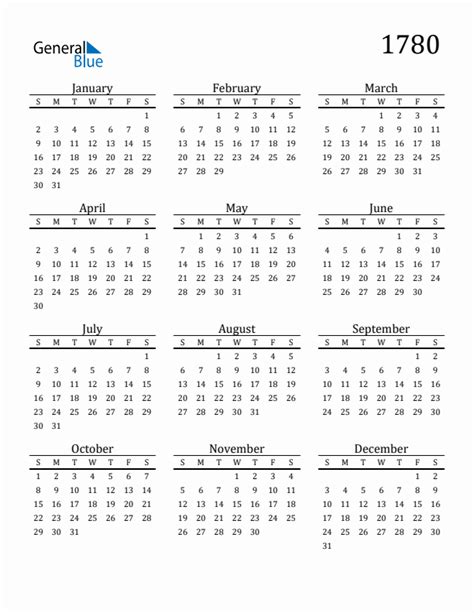 Year 1780 Free Printable 12 Month Calendar
