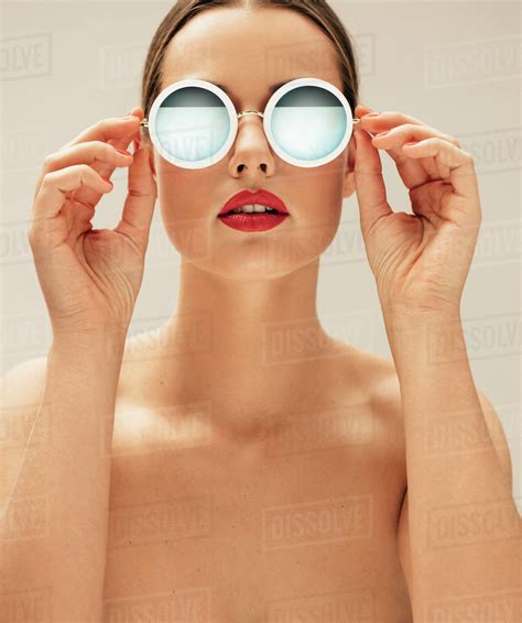 Close Up Portrait Of Shirtless Female Model Wearing Sunglasses Beautiful Babe Woman Posing