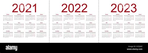 Set Of Russian 2021 2022 2023 Year Vector Calendars Week Starts From