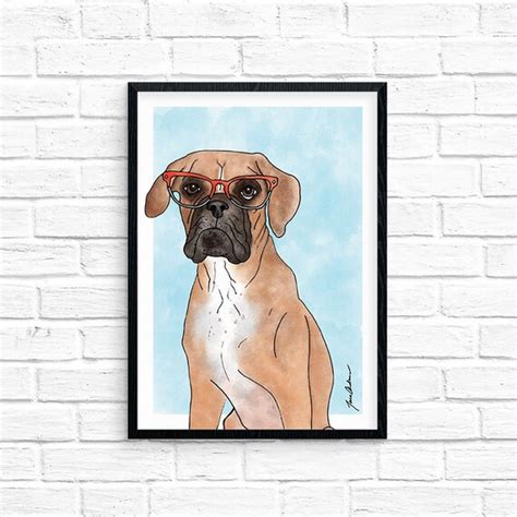 Cute Dog Boxer Watercolor Illustration Wearing Glasses 5x7