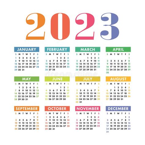 Calendario 2023 Año Inglés Colorido Vector Horizontal Pared O Bolsillo