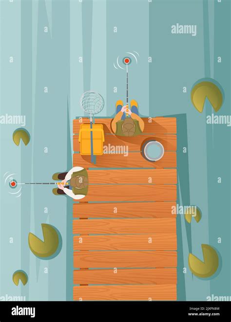 Fisherman Sits On Wooden Pier And Fishing With Rod Vector Illustration