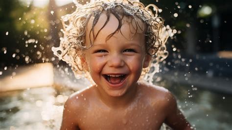 Premium Ai Image Happy Little Kid Splashing In Water