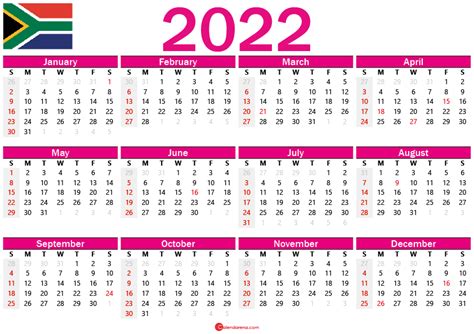 2022 Calendar South Africa With Holidays And Weeks Numbers