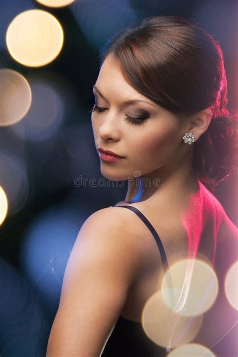 Woman In Evening Dress Wearing Diamond Earrings Stock Image Image Of