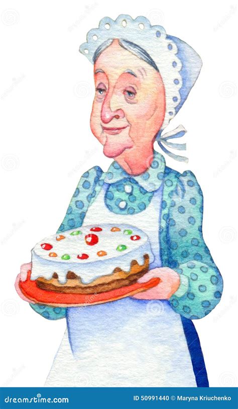 Watercolor Illustration Grandmother With Cake Stock Illustration