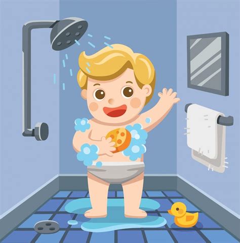 Un Bebé Tomando Una Ducha En El Baño Con Mucha Espuma De Jabón Y Pato