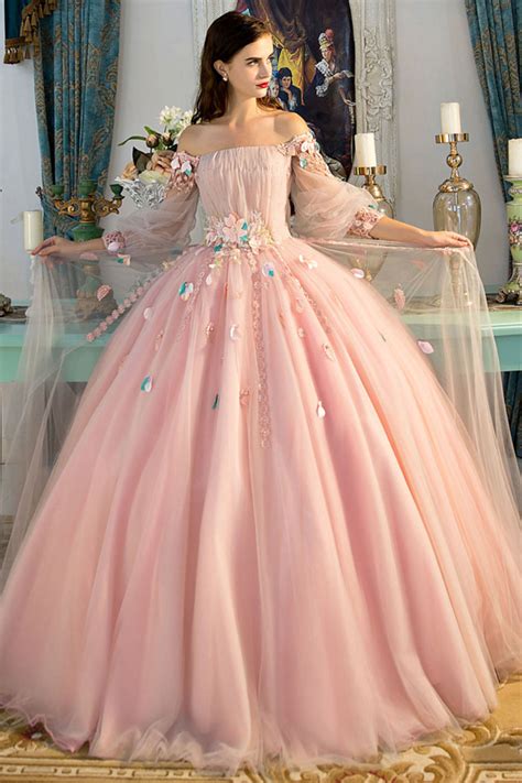 Pink Off Shoulder Tulle Long Prom Dress Sweet 16 Dress Dresstby