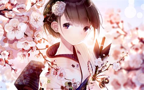Download 1920x1090 Anime Girl Kimono Sakura Blossom Cute Short Hair