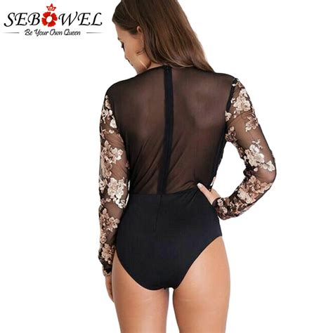 sexy gold sequin black mesh bodysuit floral printed long sleeve body jumpsuit club wear deep v