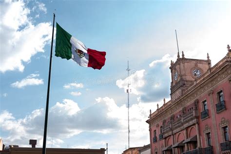 Mexican Flag At Noon In The Historic Center Of Leon Guanajuato Mexico