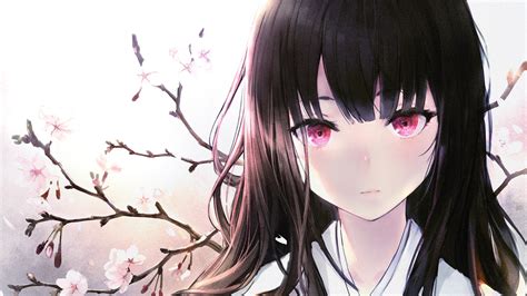 Download 3840x2160 Anime Girl Black Hair Pink Eyes Kimono Cherry