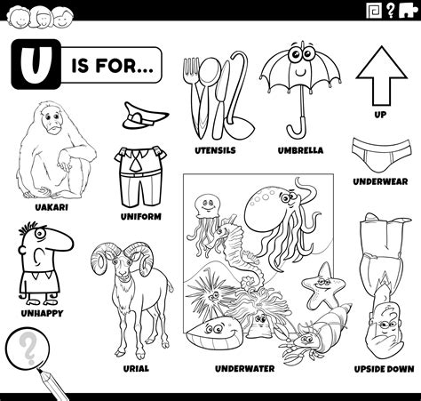 Letter U Words Educational Set Coloring Book Page 8102036 Vector Art At