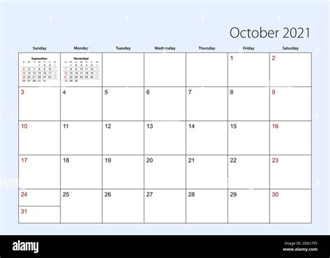 Calendario De Pared Planificador Para Octubre De 2021 Inglés La Semana Comienza El Domingo