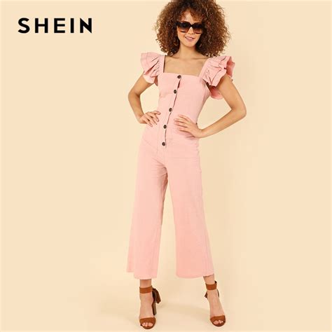 Shein Pink Preppy Square Neck Sleeveless Layered Ruffle Strap Button Up Mid Waist Solid Jumpsuit