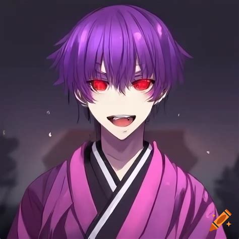 Portrait Of An Anime Character With Purple Hair And Red Eyes
