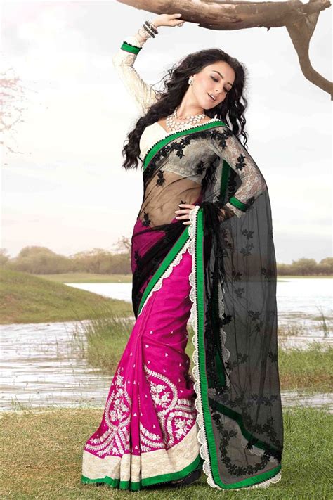 Black Rani Pink Dual Fabric Saree Giving Decent Look Saree Indian