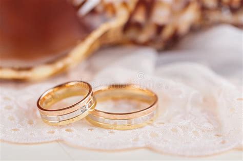 Two Golden Wedding Rings On Red Velvet Ribbon Stock Photo Image Of