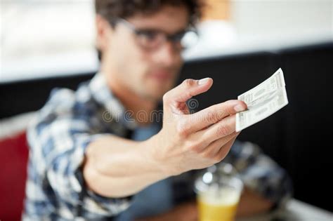 Man With Cash Money Paying At Cafe Stock Photo Image Of Hand
